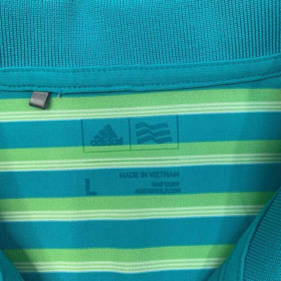 Adidas Polo Shirt Mens L Large Green Striped High Low Vented Hem Short Sleeves - Picture 4 of 14